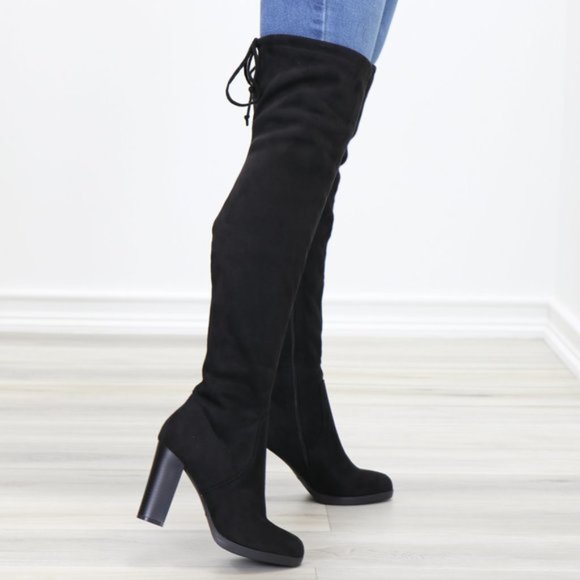 Tie Back Over Knee Heeled Sleek Boots Suede Black - Picture 7 of 15